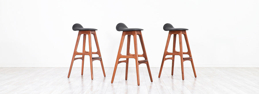 Erik Buch Teak & Black Leather Bar Stools for Oddense Maskinsnedkeri 