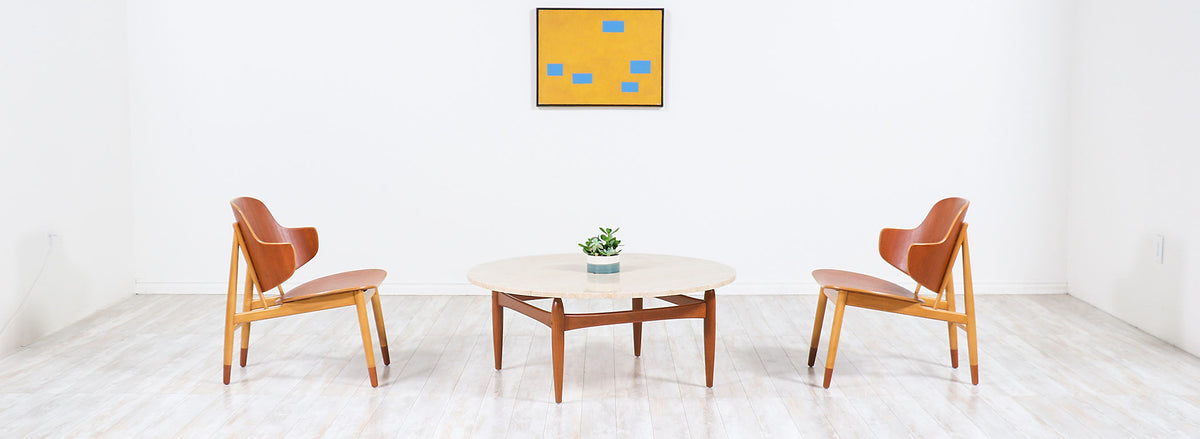 Ejvind A. Johansson Travertine & Teak Round Coffee Table