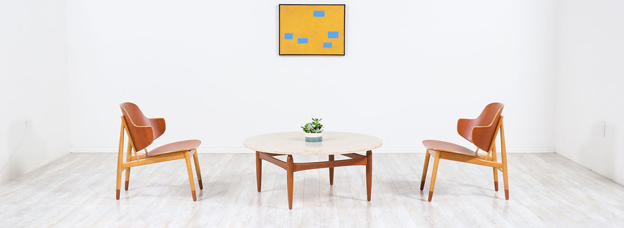 Ejvind A. Johansson Travertine & Teak Round Coffee Table