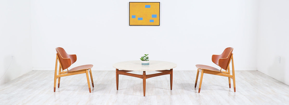 Ejvind A. Johansson Travertine & Teak Round Coffee Table