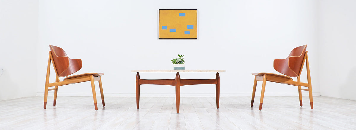 Ejvind A. Johansson Travertine & Teak Round Coffee Table