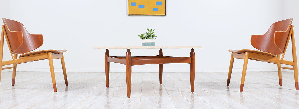 Ejvind A. Johansson Travertine & Teak Round Coffee Table