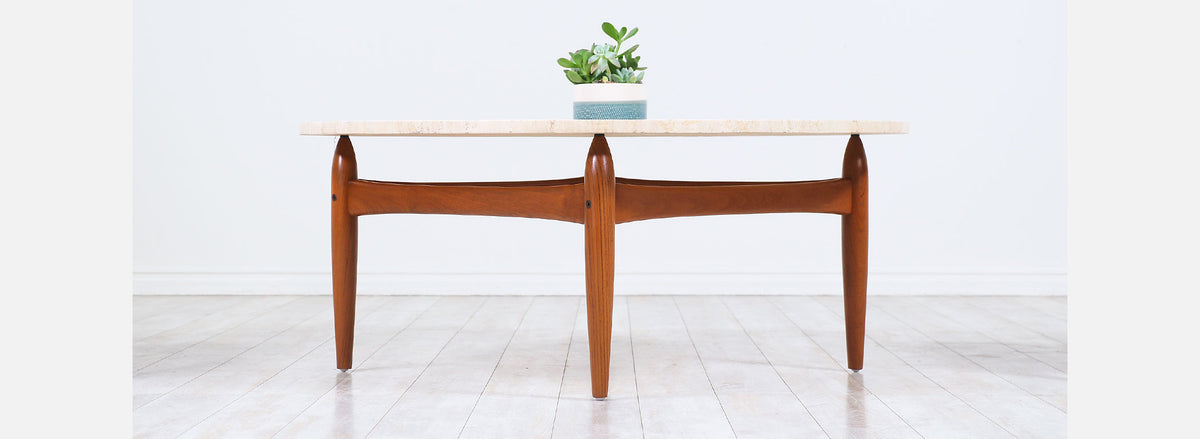 Ejvind A. Johansson Travertine & Teak Round Coffee Table