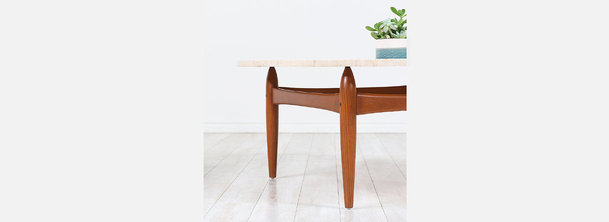 Ejvind A. Johansson Travertine & Teak Round Coffee Table