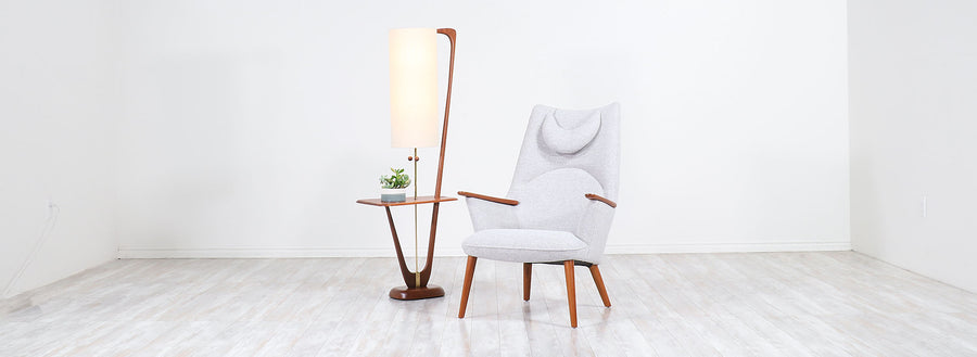 Mid-Century Modern Sculpted Walnut Floor Lamp with Side Table