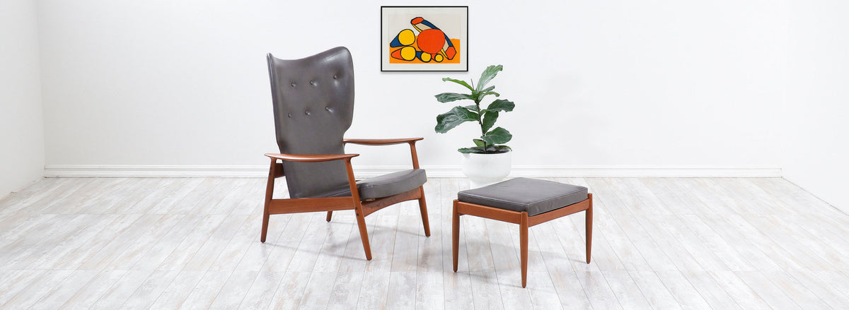 K. Rasmussen Leather & Teak Wingback Lounge Chair with Ottoman 