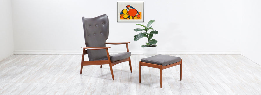 K. Rasmussen Leather & Teak Wingback Lounge Chair with Ottoman 