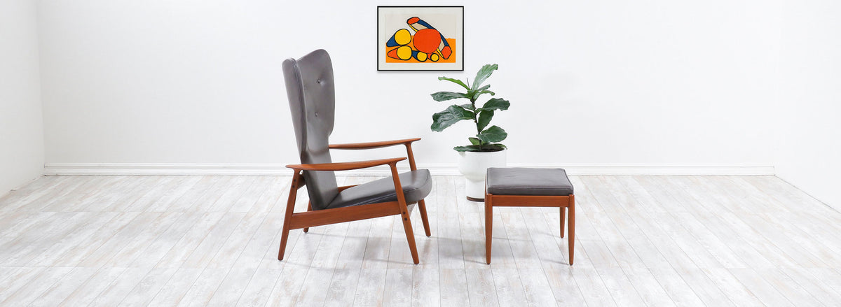 K. Rasmussen Leather & Teak Wingback Lounge Chair with Ottoman 