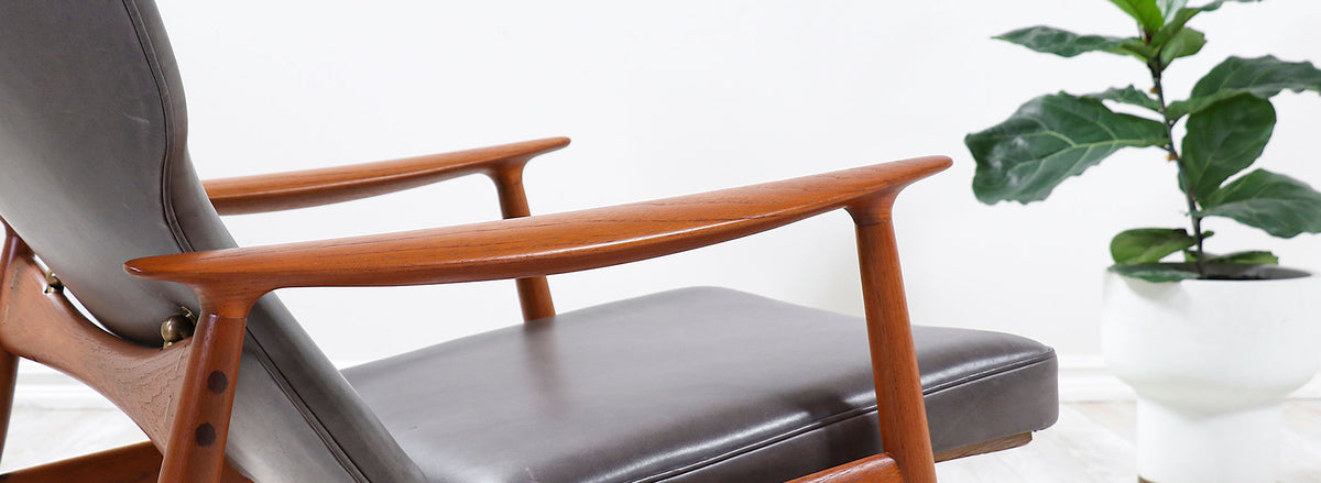 K. Rasmussen Leather & Teak Wingback Lounge Chair with Ottoman 