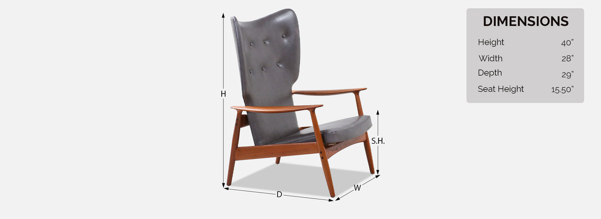 K. Rasmussen Leather & Teak Wingback Lounge Chair with Ottoman 