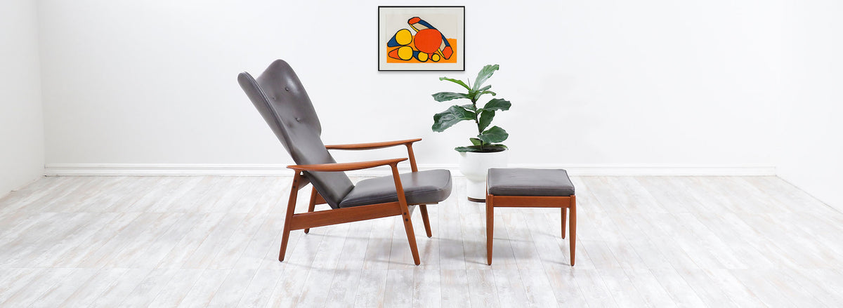 K. Rasmussen Leather & Teak Wingback Lounge Chair with Ottoman 