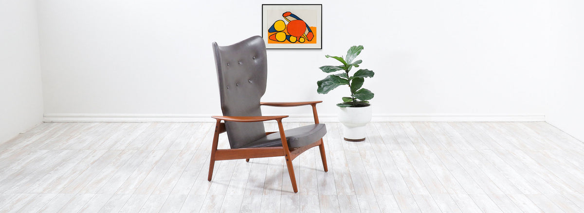 K. Rasmussen Leather & Teak Wingback Lounge Chair with Ottoman 