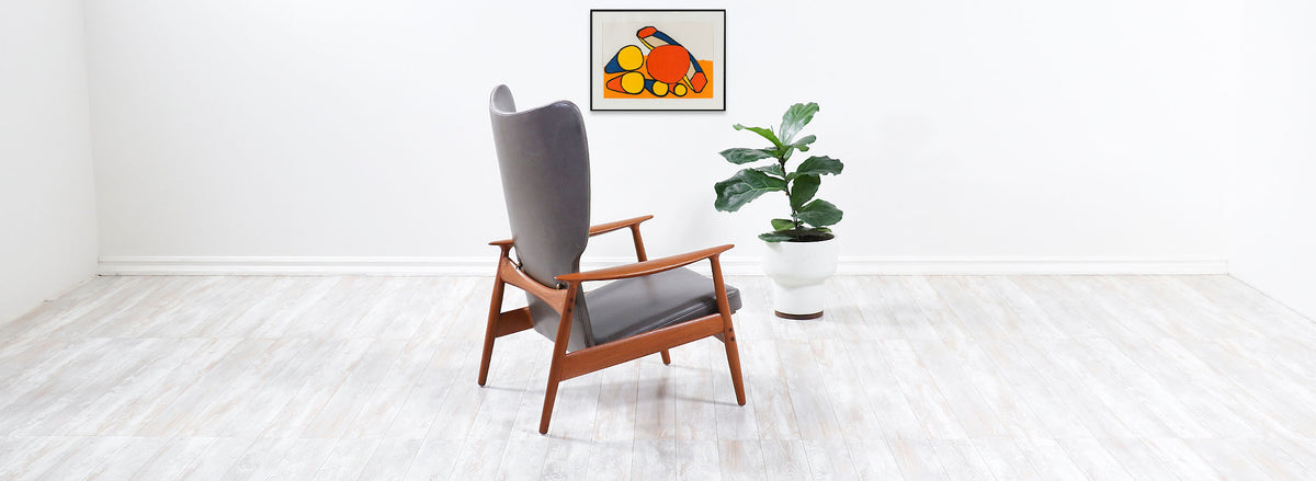 K. Rasmussen Leather & Teak Wingback Lounge Chair with Ottoman 