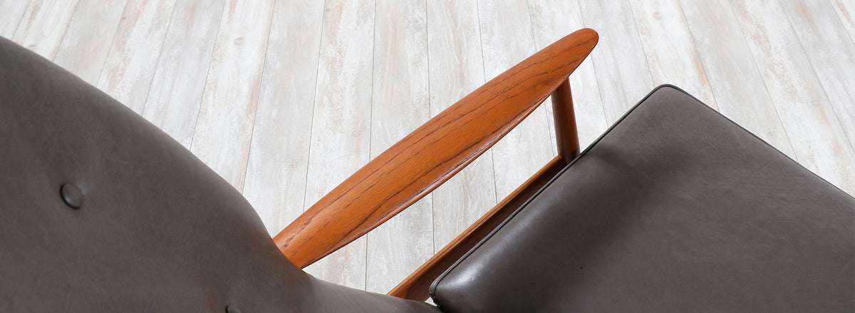 K. Rasmussen Leather & Teak Wingback Lounge Chair with Ottoman 