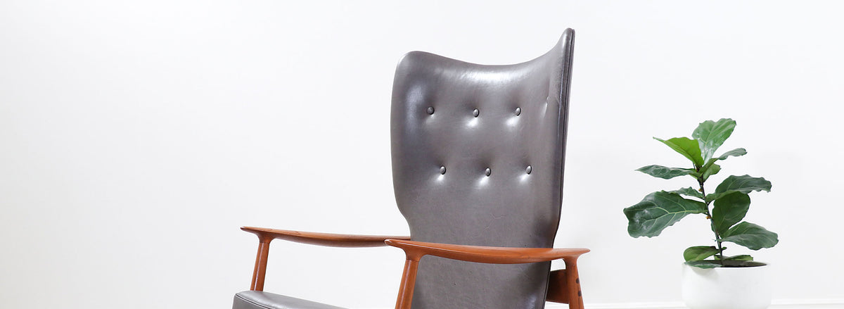 K. Rasmussen Leather & Teak Wingback Lounge Chair with Ottoman 