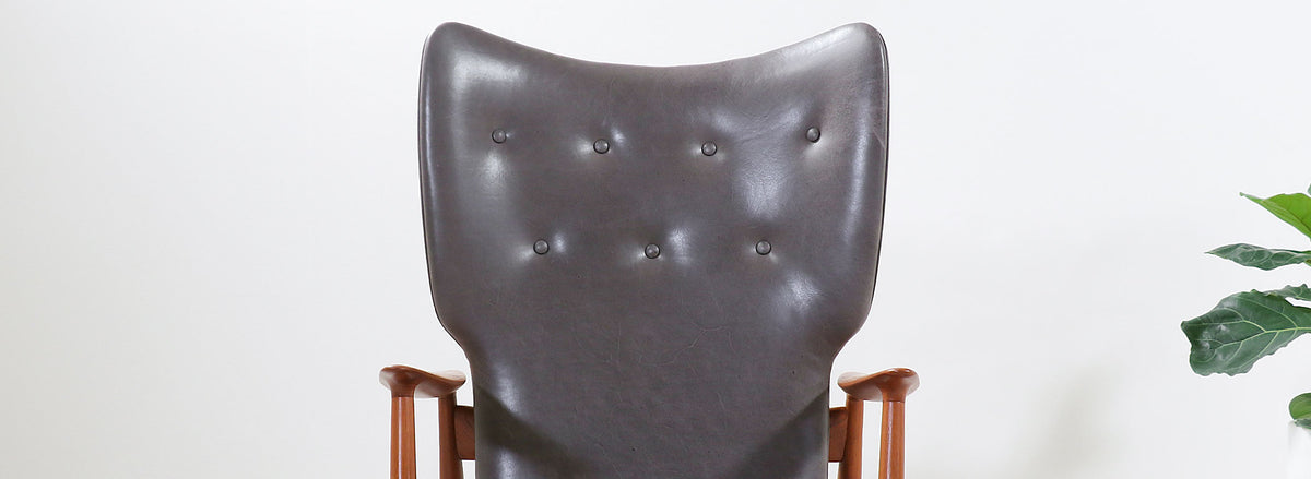 K. Rasmussen Leather & Teak Wingback Lounge Chair with Ottoman 