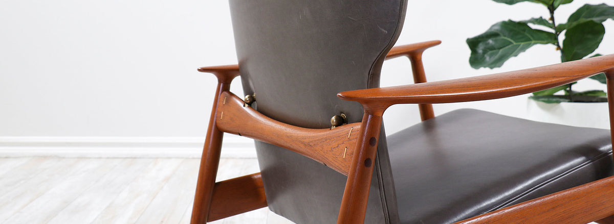 K. Rasmussen Leather & Teak Wingback Lounge Chair with Ottoman 
