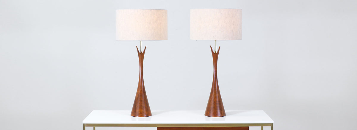 Mid-Century Sculpted Walnut Table Lamps by Modernera Lamp Co. 