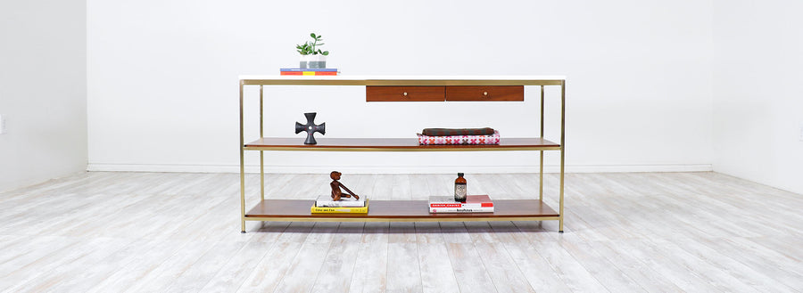 Paul McCobb "Irwin Collection" Vitrolite Glass & Brass Console Table for Calvin Furniture 