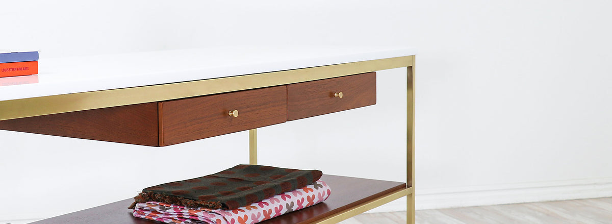Paul McCobb "Irwin Collection" Vitrolite Glass & Brass Console Table for Calvin Furniture 