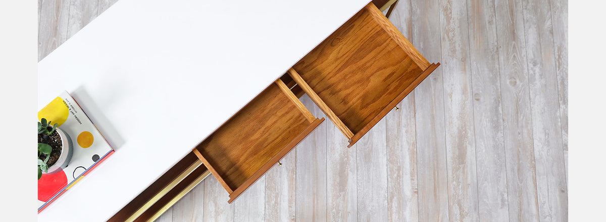 Paul McCobb "Irwin Collection" Vitrolite Glass & Brass Console Table for Calvin Furniture 