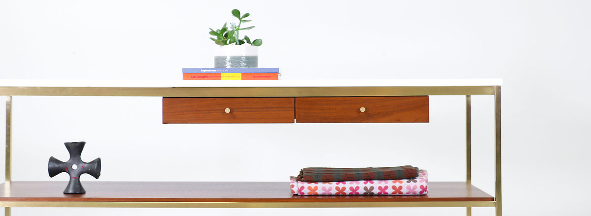 Paul McCobb "Irwin Collection" Vitrolite Glass & Brass Console Table for Calvin Furniture 