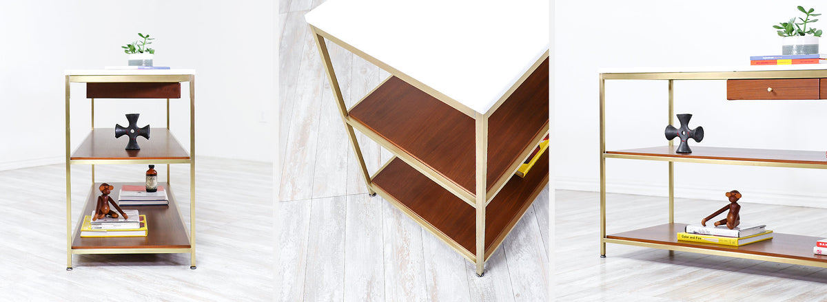 Paul McCobb "Irwin Collection" Vitrolite Glass & Brass Console Table for Calvin Furniture 