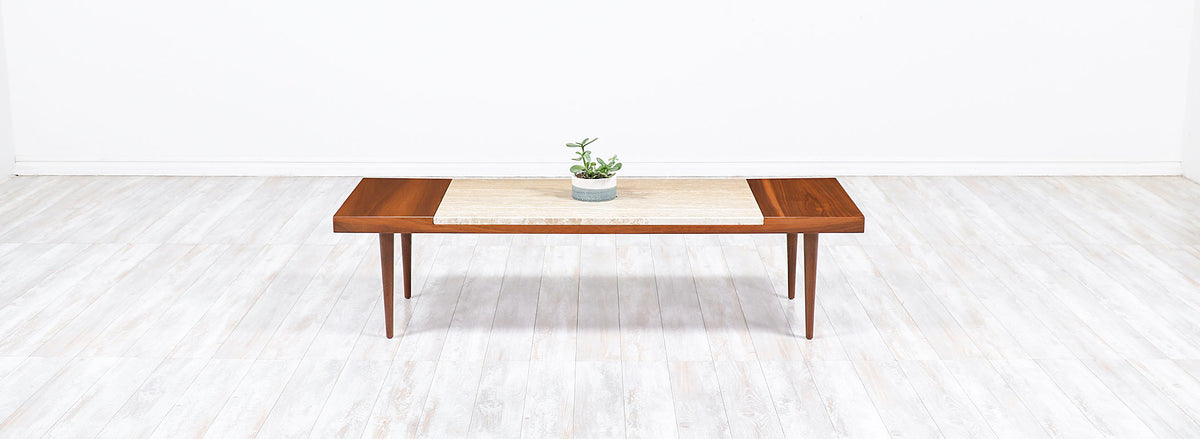 Mid-Century Modern Minimalist Walnut & Italian Travertine Coffee Table