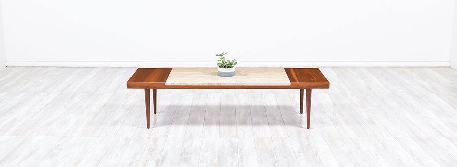 Mid-Century Modern Minimalist Walnut & Italian Travertine Coffee Table