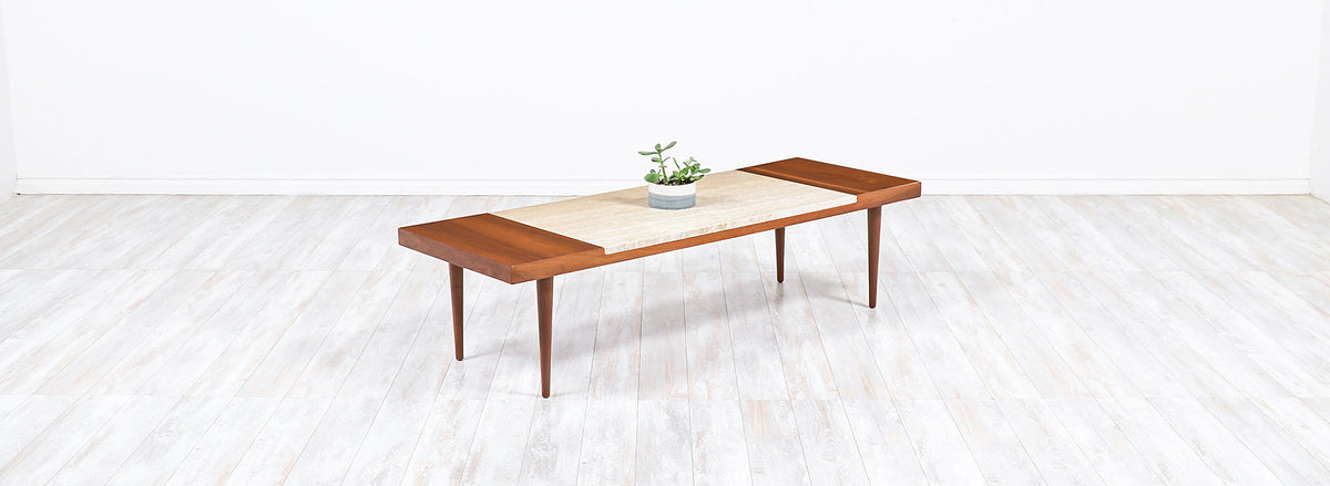 Mid-Century Modern Minimalist Walnut & Italian Travertine Coffee Table