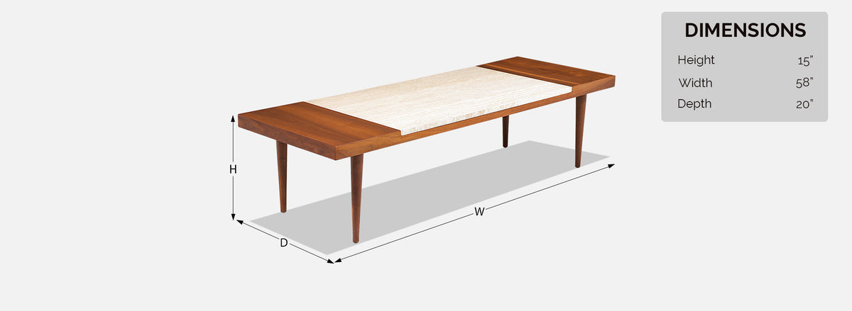 Mid-Century Modern Minimalist Walnut & Italian Travertine Coffee Table