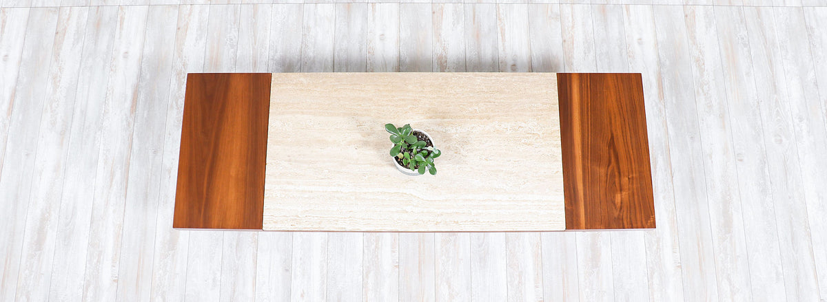Mid-Century Modern Minimalist Walnut & Italian Travertine Coffee Table