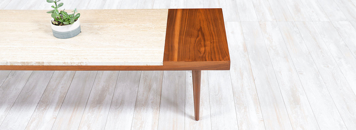 Mid-Century Modern Minimalist Walnut & Italian Travertine Coffee Table