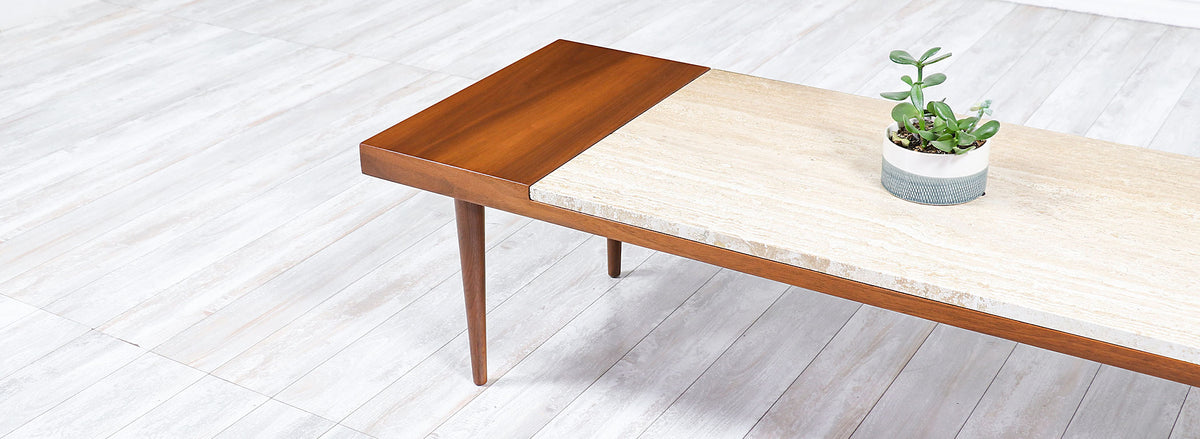 Mid-Century Modern Minimalist Walnut & Italian Travertine Coffee Table