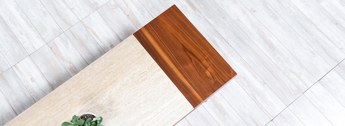 Mid-Century Modern Minimalist Walnut & Italian Travertine Coffee Table