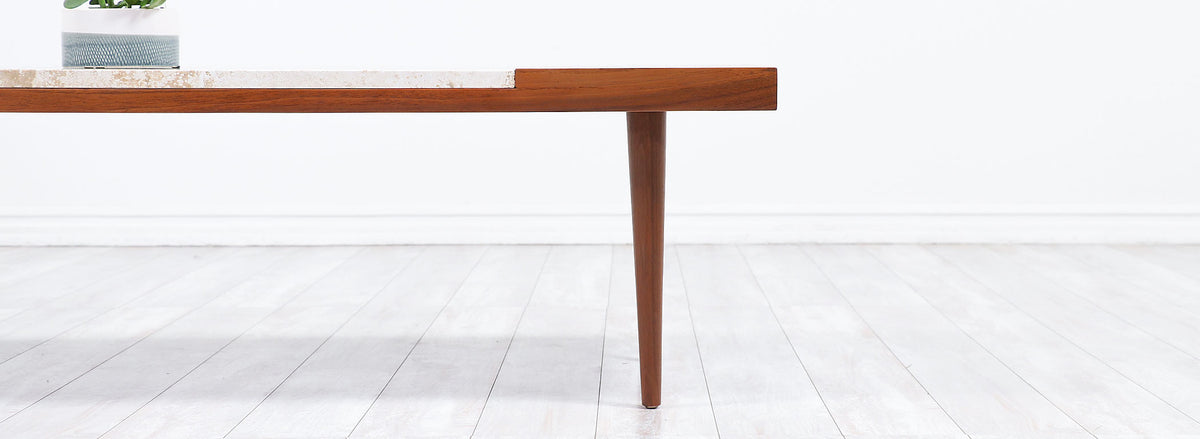 Mid-Century Modern Minimalist Walnut & Italian Travertine Coffee Table