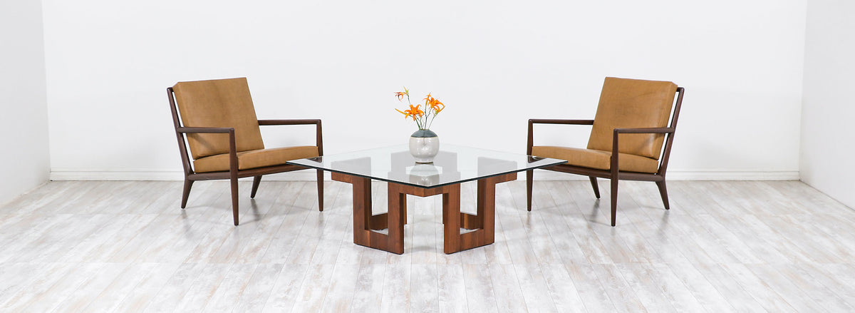 Mid-Century Modern Geometric Walnut Coffee Table with Glass Top