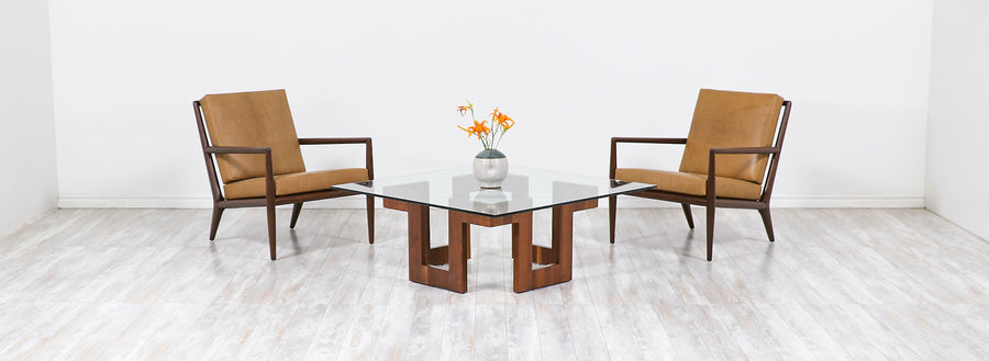 Mid-Century Modern Geometric Walnut Coffee Table with Glass Top