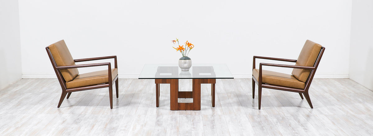Mid-Century Modern Geometric Walnut Coffee Table with Glass Top