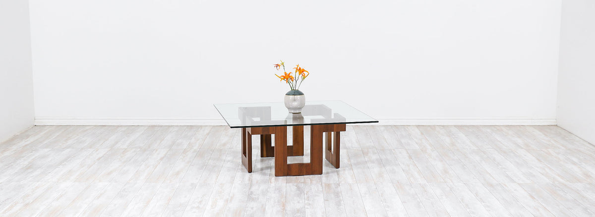 Mid-Century Modern Geometric Walnut Coffee Table with Glass Top