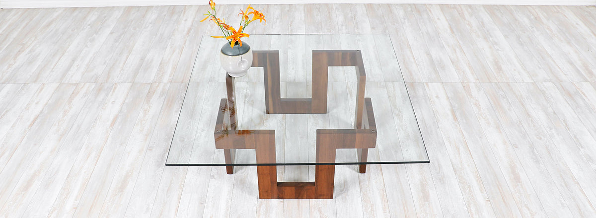 Mid-Century Modern Geometric Walnut Coffee Table with Glass Top