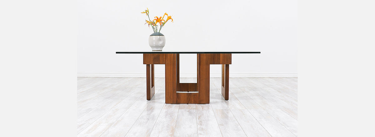 Mid-Century Modern Geometric Walnut Coffee Table with Glass Top