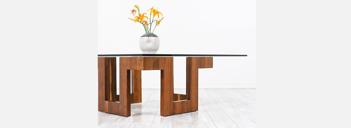 Mid-Century Modern Geometric Walnut Coffee Table with Glass Top
