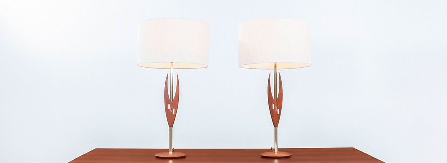 Mid Century Sculpted Walnut & Inlaid Tile Table Lamps 