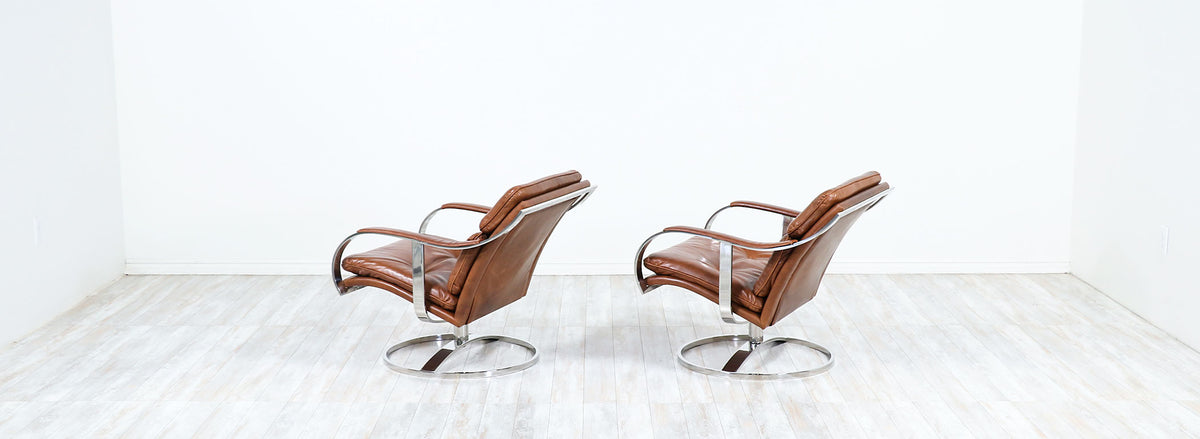 Warren Platner Cognac Leather & Chrome Lounge Chairs for Steelcase