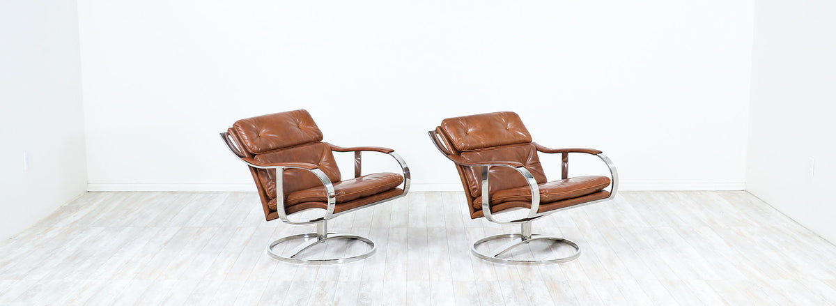 Warren Platner Cognac Leather & Chrome Lounge Chairs for Steelcase