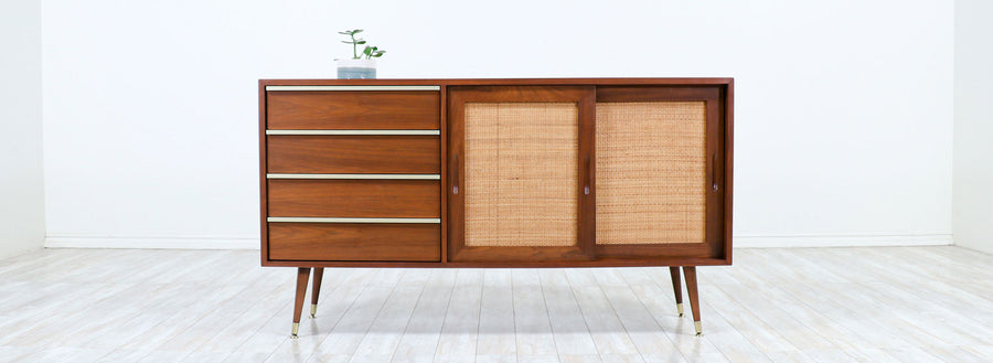 John Keal Walnut Credenza with Cane Doors for Brown Saltman-2