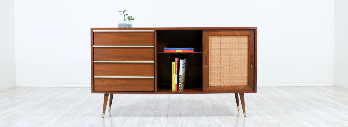 John Keal Walnut Credenza with Cane Doors for Brown Saltman-2