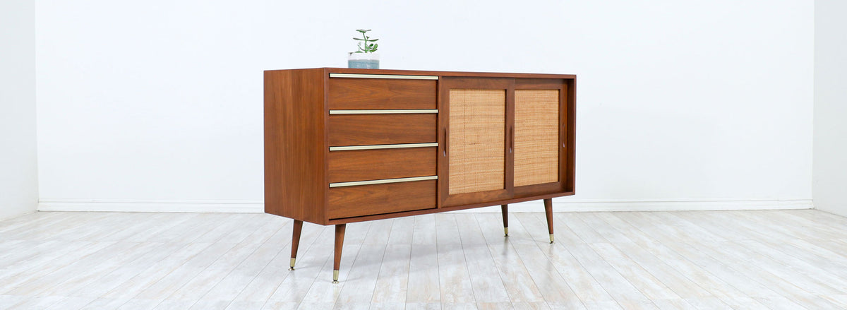 John Keal Walnut Credenza with Cane Doors for Brown Saltman-2