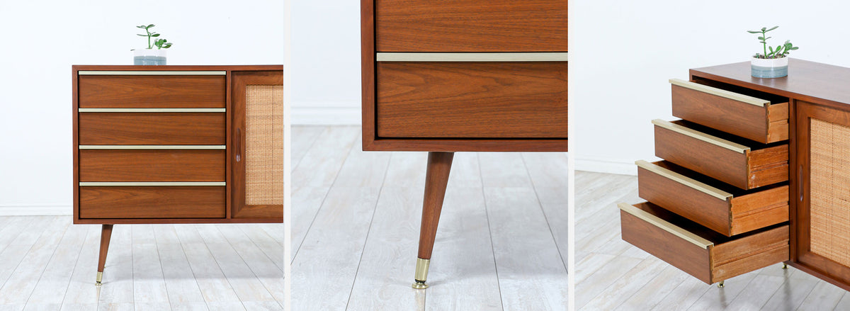 John Keal Walnut Credenza with Cane Doors for Brown Saltman-2